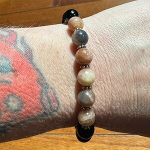 Peach Moonstone & Black Obsidian Crystal Gemstone Stretch Bracelet Energy